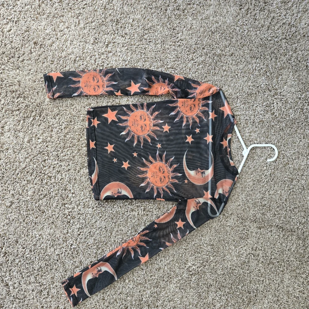 Mesh Black and Orange Sun and Moon Long Sleeve Top - Picture 2 of 2
